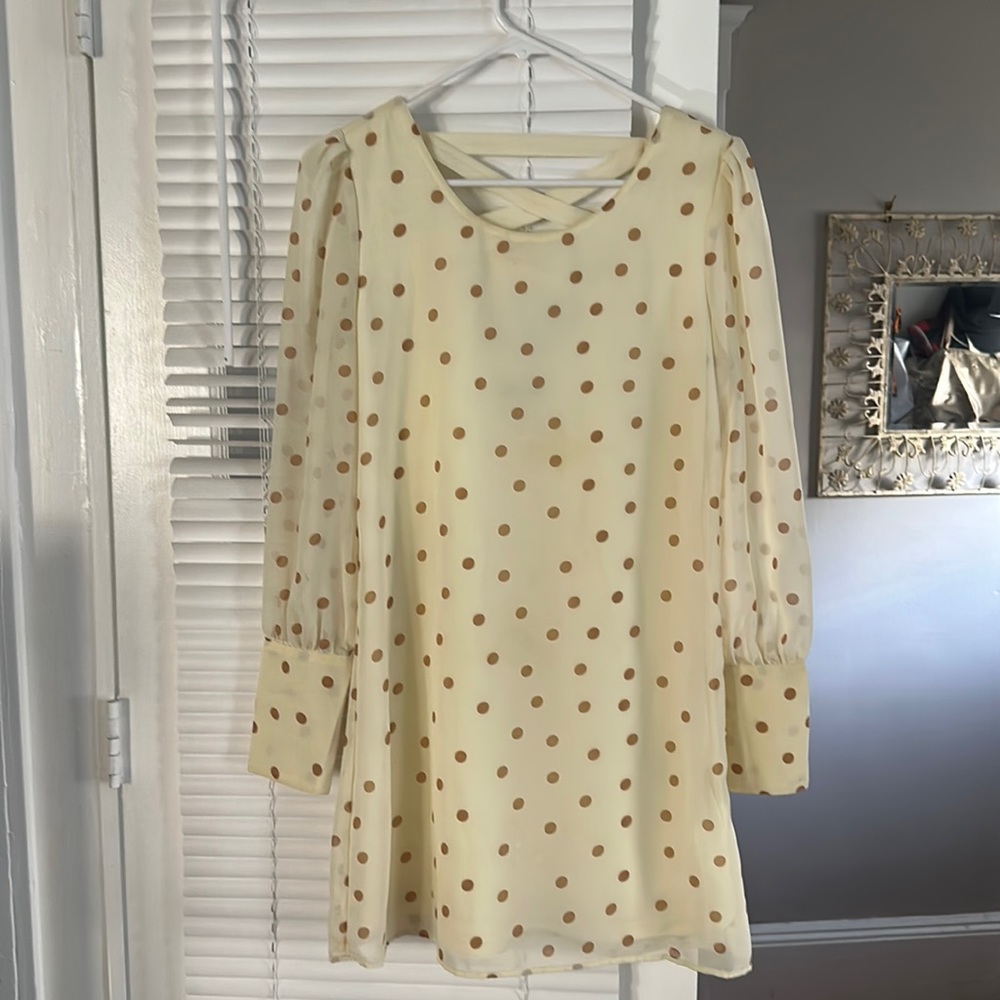 XTAREN sz medium lemon yellow w/ light brown polka dots short dress/tunic